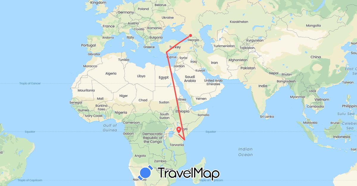TravelMap itinerary: hiking in Kenya, Russia, Turkey (Africa, Asia, Europe)